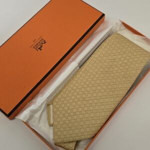 Hermes Logo Gold Silk Tie Authentic With Box